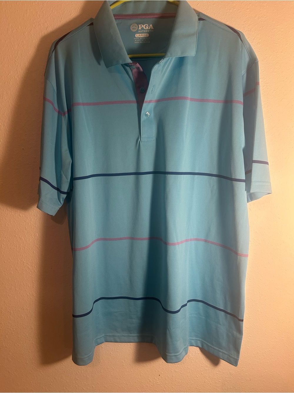 PGA Tour Light Blue Polo with Navy and Pink Stripes